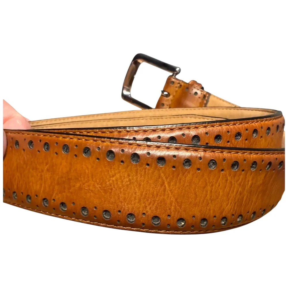 COLE HAAN Men's Brown Leather Belt 34 Silver Buckle Brogue